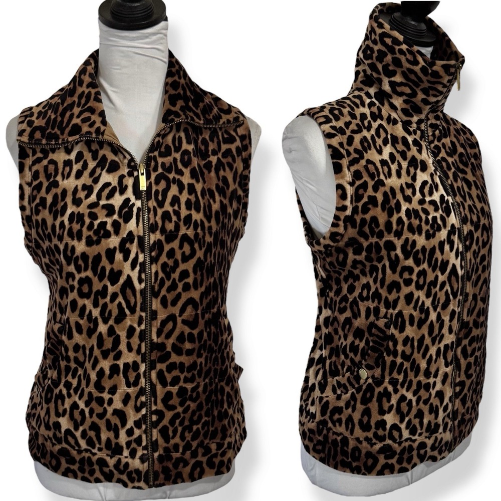 Y2K Plush Velvet Fleece Leopard Print Vest Size M Full Zip‎ Brown Gold Vintage